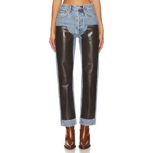 Agolde Ryder Two-Tone Denim Jeans with Brown Leather Front Panels